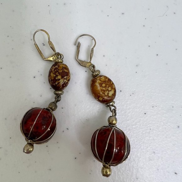Handmade Beaded Earrings Red Brown Wire Wrapped Dangle Hook Gold‎ Tone - Picture 1 of 7